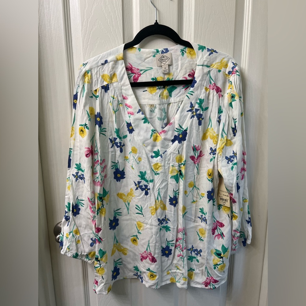 St. John's Bay White Floral 3/4 Sleeve Pleated Blouse…XL…NWT
